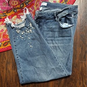 Lane Bryant Faux Pearl Studded Ripped Cuff Blue Denim Capris Size 20